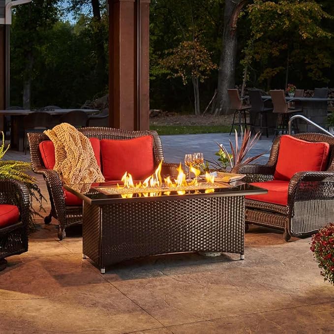 Outdoor GreatRoom Co Propane Fire Pit Table - Balsam Montego Gas Fire Pits for Outside Patio - 60 Inch Rectangular Glass Top Firepit Fire Table with Matching Tabletop Cover, Wicker Base, 80,000 BTU