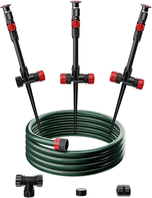 RESTMO Above Ground Sprinkler System with Metal Spike Base, Flexible DIY Irrigation Kit, Multi-Adjustable Lawn Sprinkler & 30ft Hose Set, for Garden Plant, Flower Bed and Large Yard Area Watering
