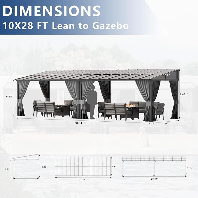 ASJMR 10x28FT Wall Mounted Gazebo Hardtop,Outdoor Wall-Mounted Patio Pergola Metal Frame Double Curtains Gazebo with Sloping Sun Panel Roof for Patio,Garden,Lawn,Pool,Backyard Deck, Gray