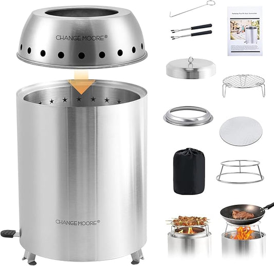CHANGE MOORE Table Fire Pit Set & Cap, Portable Smokeless Firepit with Flodable Stand, Secondary Burn Fueled by Pellets or Wood, 201 Stainless Steel Table Top Firepit for Patio, Camping, Backyard