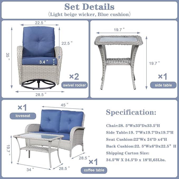 Belord Patio Wicker Furniture with Swivel Rocker Chairs Loveseat, 5 Piece Rattan Furniture Outdoor Swivel Rocking Chairs and Table Set for Patio Deck Porch Backyard