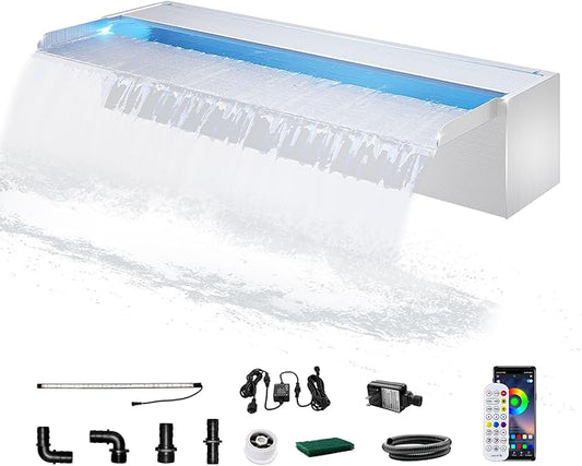 LONGRUN Stainless Steel Waterfall Spillway, APP Control Multi-Color LED Light Outdoor Pool Fountain, Water Spillway Koi Pond Waterfalls Fountains Kit for Garden Patio Swimming Pool Decoration-23.6"