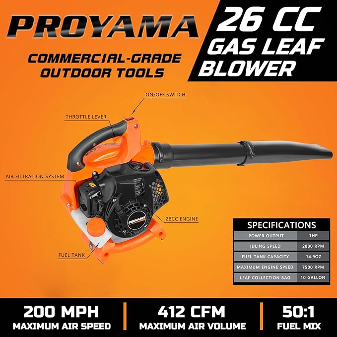 PROYAMA 26CC 2 Cycle Gas Leaf Blower, 2 in 1 Nozzle Handheld Powerful Blower, 412CFM 200MPH Lightweight Powerful Leaf Blower with Cruise Control for Lawn Care Snow Removal, Blowing Debris Leaves Dust