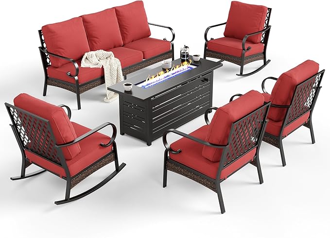6 Piece Black Metal Outdoor Patio Furniture Sets with Firepit Table, Patio Conversation Sets 1 3-Seater Sofa, 2 Leg Sofa and 2 Rocking Sofa with 5.75" Cushion for Backyard Deck, Red