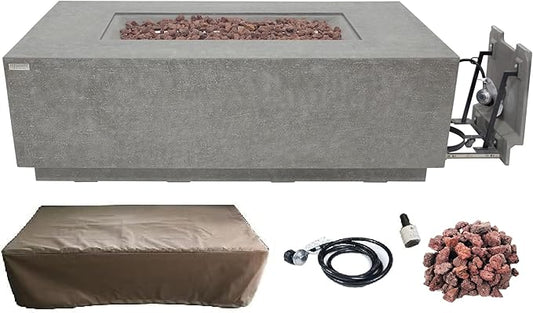 ELEMENTI Andes Propane Gas Fire Pit Table | Rectangular Concrete Fireplace with Concealed Propane Tank Storage Drawer | Electronic Ignition | Light Gray