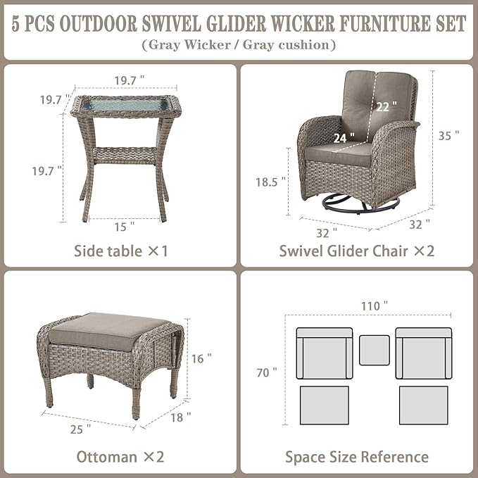 Belord 5 Pieces Wicker Patio Furniture Set - Swivel Rocker Outdoor Chairs with Ottomans and Side Table, Small Patio Conversation Set for Deck Porch Backyard