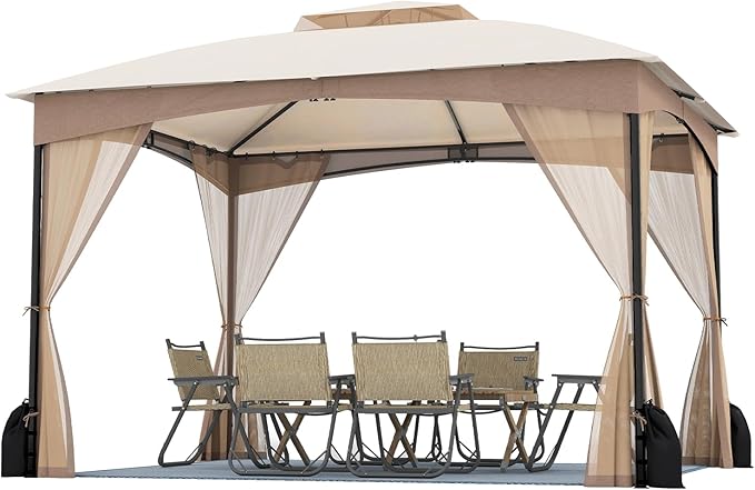 Tangkula 10x12 FT Outdoor Gazebo with Netting, Double Roof Patio Shelter with 4 Sandbags, Zippered Doors, Heavy-Duty Metal Frame, Metal Patio Gazebo for Yard Garden Lawn (Khaki)