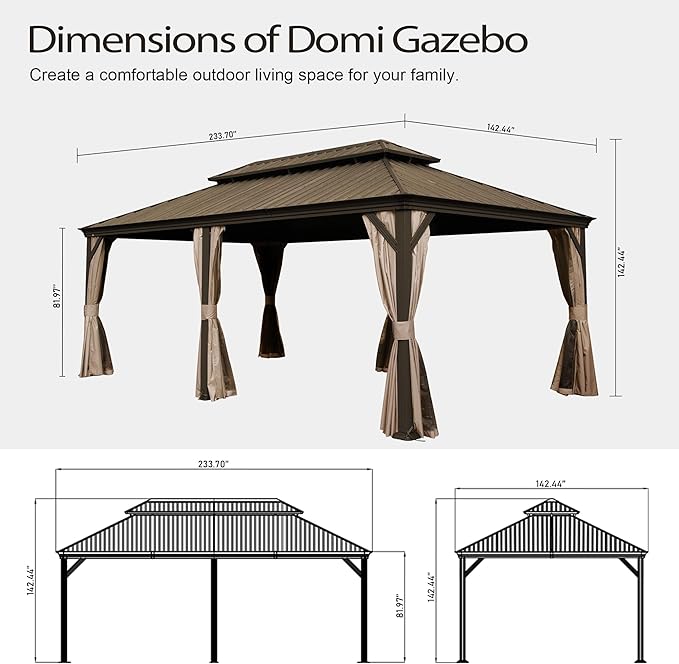 Domi 12x20FT Outdoor Gazebo, Hardtop Gazebo with Galvanized Steel Double Roof, Metal Gazebos with Drainage System Patio Pergola for Patio Deck Backyard,Curtain and Netting,Brown