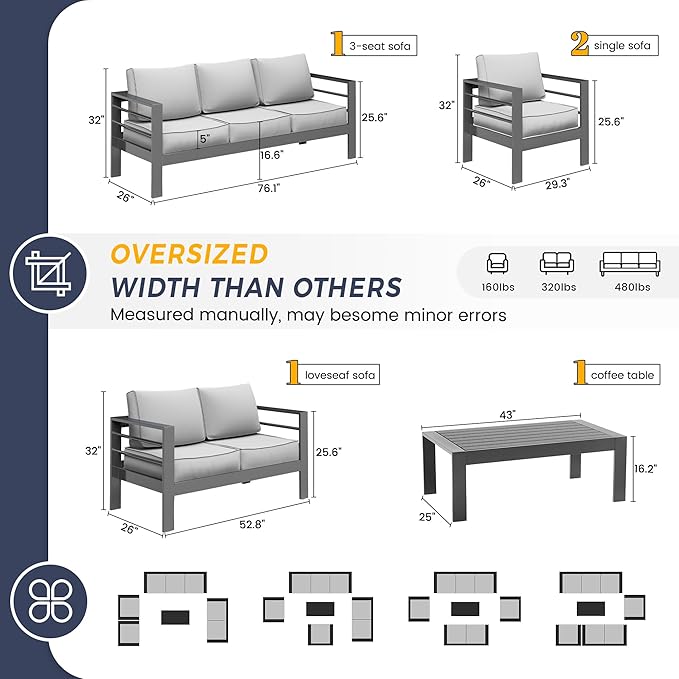 UDPATIO 8 Piece Aluminum Patio Furniture Set, Oversized Modern Outdoor Furniture Set with Olefin Fabric Cushion for Patio Deck Backyard, Grey(with Waterproof Covers)