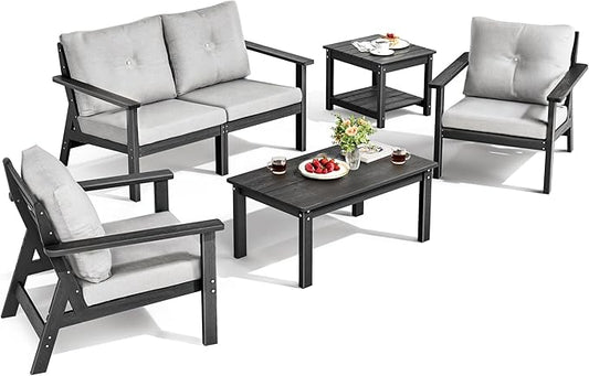 6-Piece HDPE Patio Furniture Set, Wood Grain Long Coffee Table and Small 2-Tier Side Table, All Weather Outdoor Couch with Dust-Free Cushions, Durable Patio Conversation Sets for Balcony, Porch, Black