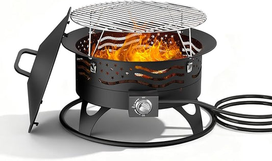 24 Inch Propane Fire Pit, Portable Gas Fire Pit Bowl for Outside, 60,000 BTU Smokeless Outdoor Firepit with Lid & Grill Grate for Patio, Yard, Gardenn, Camping