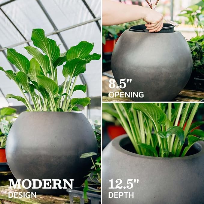 Ash & Ember 16" Round Sphere Charcoal Planter, 14 Gallon Lightweight Fiberstone Composite with Weather-Resistant Finish, Modern Planter Pot for Indoor and Outdoor Plants