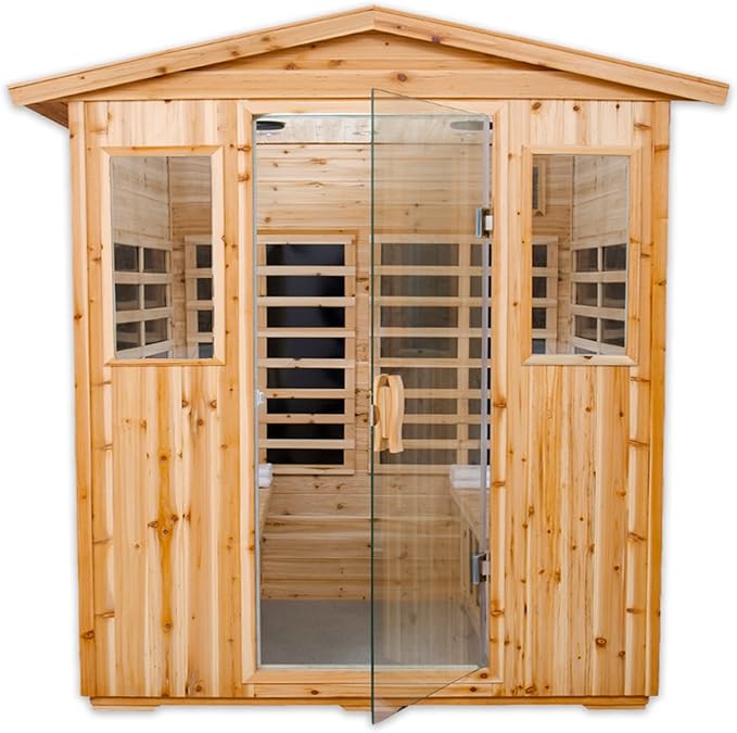 Outdoor Sauna 4 Person Infrared Saunas for Home, 2050watt Canadian Hemlock Wooden Large Sauna Room with Blue-Tooth, 4 Chromo Therapy Lighting, 2 LCD Control
