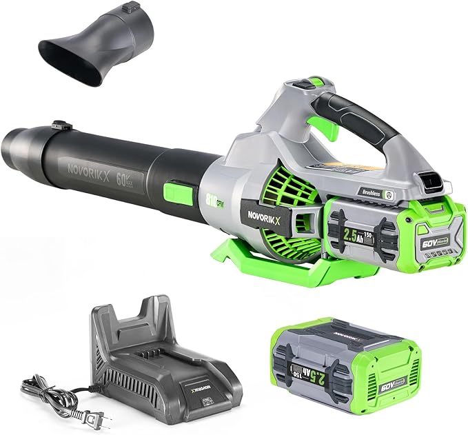 NovorikX Leaf Blower, 60-Volt 810 CFM Brushless Electric Cordless Leaf Blower, 2.5Ah Battery and Charger, Lightweight Leaf Blowers for Patio Care