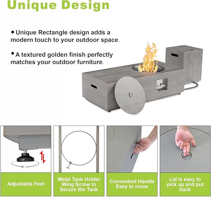 Dineli 2-Piece Outdoor Propane Fire Pit Table Set w Tank Table 48'' Rectangular Firepit Gas Fire Pits for Outside Patio Tabletop Fire Pits w LED, 50,000 BTU (Gray with RGB Light)