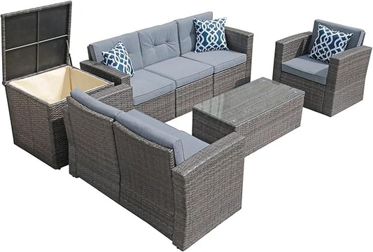 Super Patio 8 Pieces Outdoor Patio Furniture Set, Wicker Patio Conversation Sets with Storage Box, Rattan Outdoor Sectional Sofa Set with Cushions and Coffee Table for Outside Porch, Deck, Gray