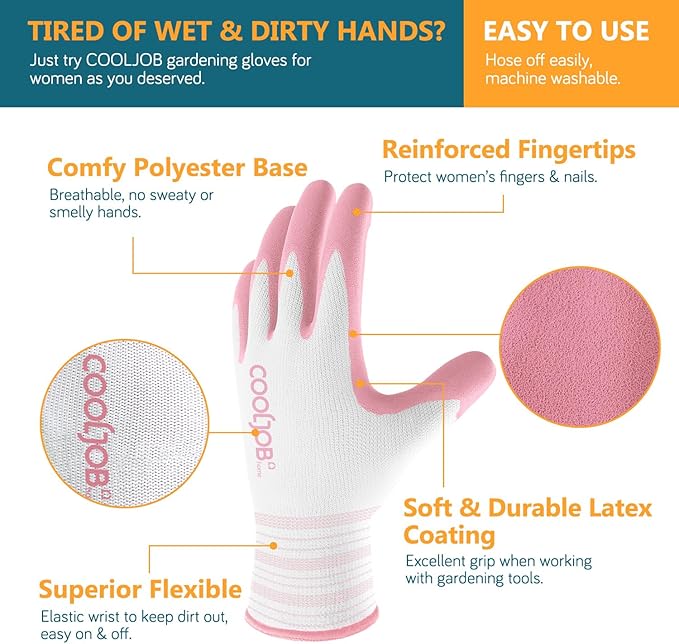 COOLJOB 6 Pairs Gardening Gloves for Women Ladies, Breathable Rubber Coated for Yard Garden, Outdoor Indoor Protective Work with Grip, Small Size, Blue & Pink