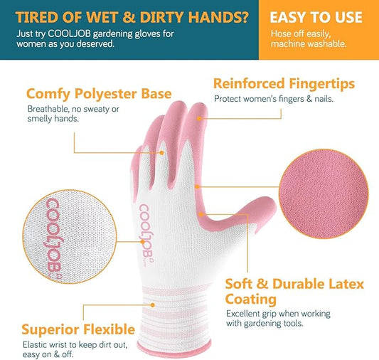 COOLJOB 2 Pairs Gardening Gloves for Women Ladies, Breathable Rubber Coated for Yard Garden, Outdoor Indoor Protective Work with Grip, Small Size, Blue & Pink