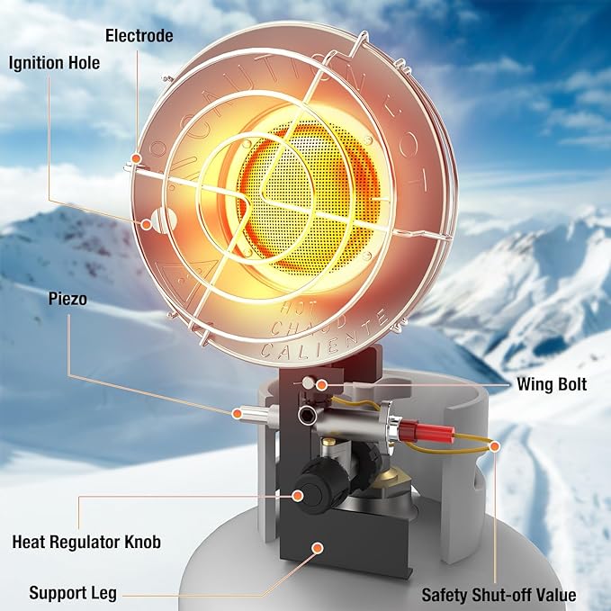 Outdoor Propane Heater, 15,000 BTU Portable Heater with 3 Heating Modes, Camping with Shut-off Valve and Tip-over Switch, 30° Rotating Single Tank Top for Garage, Patio