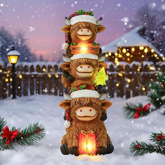 twinbling Christmas Highland Cow Decor with Solar Light Triple Highland Cow Christmas Decorations Gifts for Women Mom Funny Highland Cows Garden Statues for Garden Patio Lawn Yard Decor