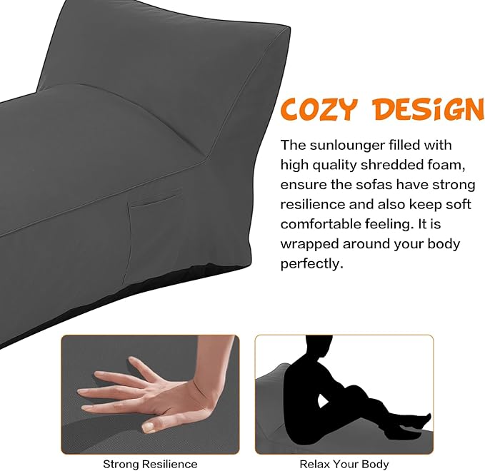 Outdoor Chaise Lounge Chair, Sunbed UV Resistant Sofa Couch Patio Furniture Waterproof Outside Sunlounge Reclining Sunbathing Bed Comfy Single Chaise Daybed for Garden, Pool, Beach, Dark Gray