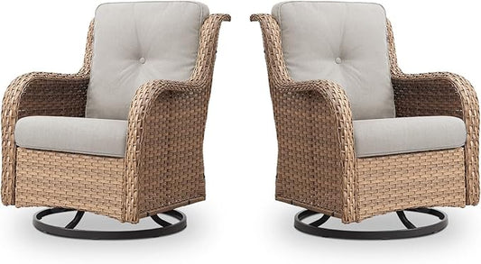 Belord Outdoor Swivel Rocker Patio Chairs - 360 Degree Swivel Glider Seating 350LBS Weight Capacity Wicker Rocking Chairs Set of 2 with Removable Cushion for Porch Balcony Deck, Yellow/Beige