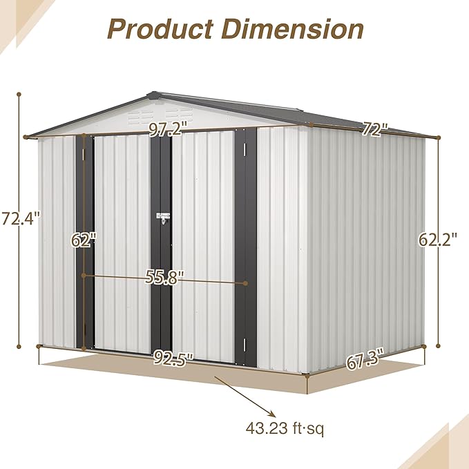 6x8 FT Outdoor Storage Shed, Metal Garden Shed with Lockable Hinged Doors, Outside Tool Shed with Sloped Roof & 4 Air Vents, Waterproof Storage Building for Backyard, Patio, Lawn, White