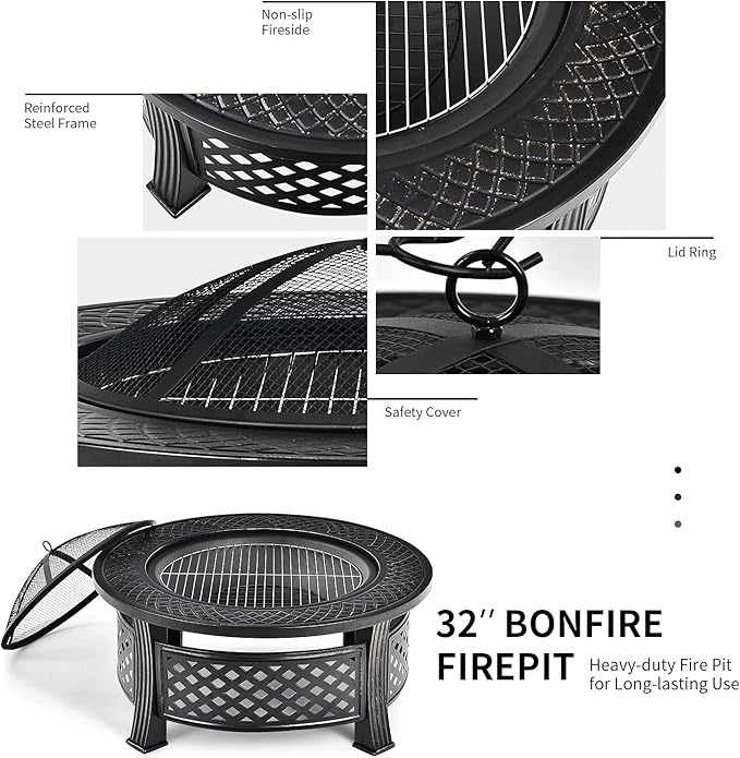 Giantex 3 in 1 Fire Pit, 32" Outdoor Wood Burning Fire Pit, Multifunctional Round Firepit Stove, Metal Fire Bowl with Cover, Portable Fire Pits for Outside Heating, Bonfire, Picnic, Grill