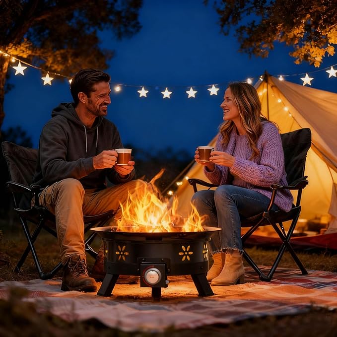 AMADA HOMEFURNISHING 24″ Propane Fire Pit with Grill Grate, 58,000 BTU, Folding Legs, Propane Tank Holder, Cover, and Carry Strap, No Ignition Needed, Easy Flame Adjustment, Portable