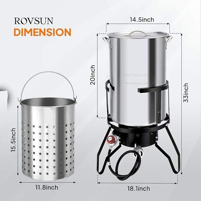 ROVSUN 50QT Turkey Fryer with 54,000BTU Propane Stove, Stainless Steel Outdoor Deep Fryer & Seafood Boiler Steamer with Basket, Thermometer, Lifting Hook & Support Rack for Outdoor Backyard Cooking