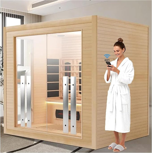 4-5 Person Hybrid Home Wood Sauna, Indoor WiFi Control Far Infrared & Traditional Canadian Hemlock Steam Saunas Spa with Red Light Therapy, 14 Heating Elements & Electric Stove, Accessories, Leftdoor