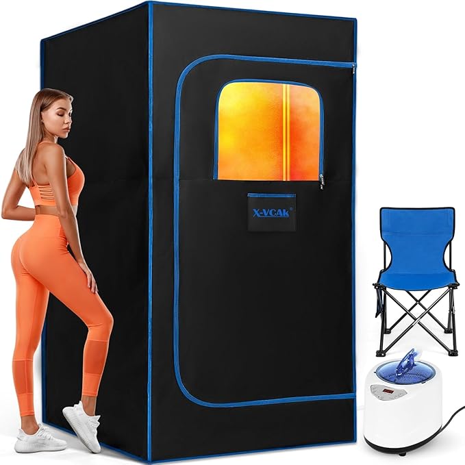 Upgraded Portable Sauna Box of Relaxation, Detoxification, Steam Sauna for Home with Steamer, Pairs Remote Control, Folding Chair, 9 Levels, 2.6’ x 2.6’ x 5.9’