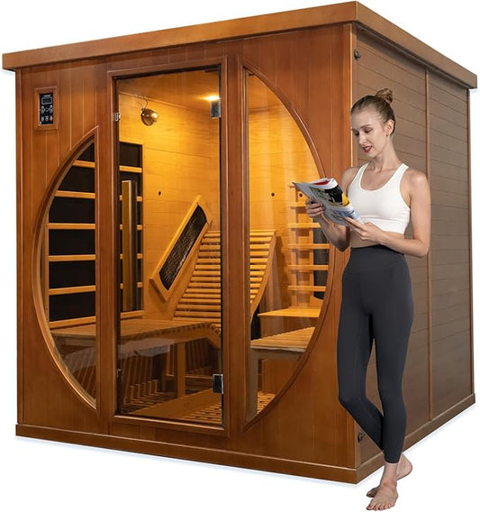 Smartmak Far Infrared 2 Person Recliner Sauna Room, Indoor Traditional Sauna Room, 10 Heating Panels, 7 Color Light, Oxygen Bar, Bluetooth Speaker (220V, 3400W) (Cedar, 2person)