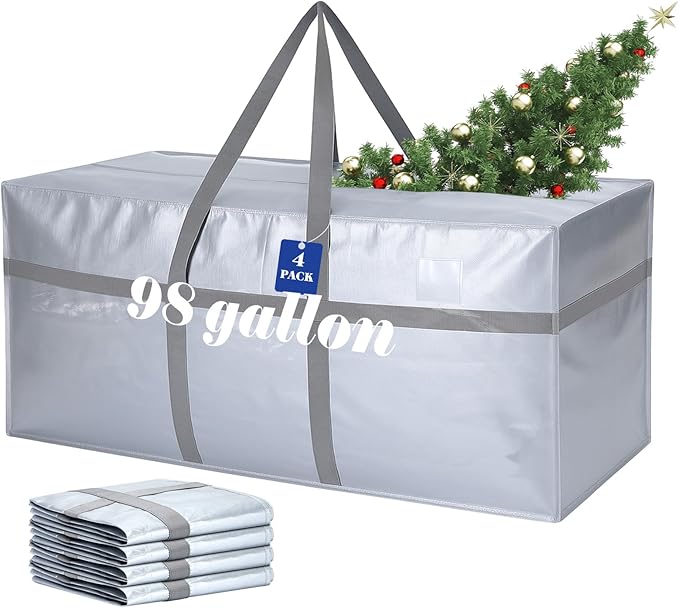 Windyun 4 Pack 98 Gallon Extra Large Storage Bags XXL Moving Bags with Zipper Handles Heavy Duty Jumbo Big Tote Box for Christmas Tree Storage 4, 5, 7.5, 9, 10, 12 ft Skeleton College Dorm(Silver)