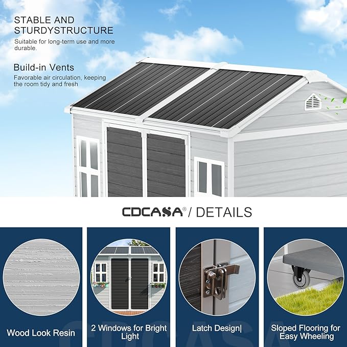 CDCASA 8x6 FT Resin Storage Shed, Waterproof Large Outdoor Sheds with Floor & Lockable Door, 2 Windows,Outside Plastic Tool Shed for Backyard, Patio, Poolside