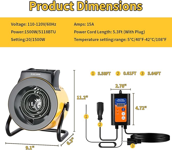 Greenhouse Heater with Digital Thermostat, 1500W Electric Outdoor Heater, Overheat Protection, Fast Heating, Waterproof for Grow Tent, Green House, Patio, Yellow