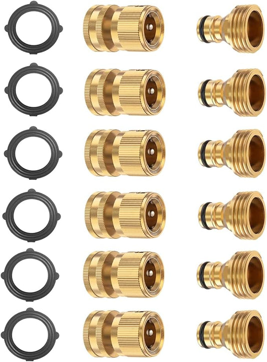 BoArt Garden Hose Quick Connector Set, Solid Brass 3/4 Inch Water Fitings Thread Easy Connect No-Leak Male Female 6 Sets