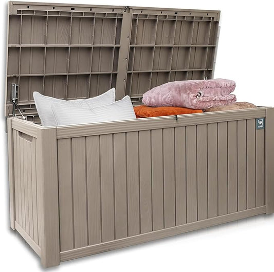 Outdoor Storage Box, 180 Gallon Deck Boxes Outdoor Waterproof, Resin Waterproof Deck Box for Patio Furniture Outdoor Cushions Garden Tools and Pool Storage (Light Brown)
