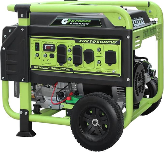 Green-Power America Portable Generator 10500 Watt,Gasoline Powered,Recoil/Electric Start, 12V-8.3A Charging Outlets, Home Back Up & RV Ready