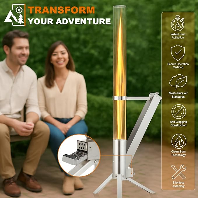 Outdor Wood Pellet Patio Heater with Ash Tray, Pellet Fire Tube, Ideal for Camping, Campfire Party, Outdoor Dining, Patio, Backyard, Beach, Bring Happiness to Your Life (Silver)