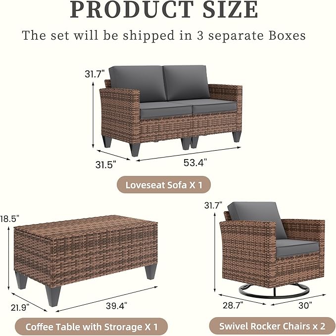 UDPATIO Patio Furniture Set, 5 Pieces Outdoor Furniture Sets with Rocking Swivel Chairs, Wicker Rattan Outdoor Conversation Set with Storage Table and Waterproof Covers for Backyard, Deck, Porch, Grey