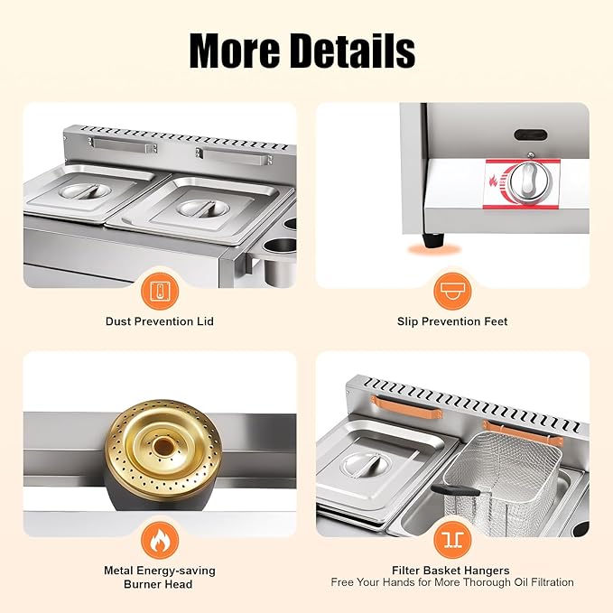 LYNICESHOP Stainless Steel Countertop Gas Fryer, Commercial LPG Gas Deep Fryer with 2 Basket Propane LPG Oil Frying Pot Kitchen Frying Machine Snack Fryer For French Fries Restaurant Home Kitchen