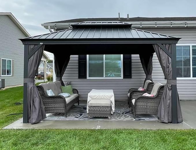 PURPLE LEAF 10' X 13' Hardtop Gazebo Aluminum Permanent Gazebo with Galvanized Steel Double Roof for Patio Lawn and Garden, Curtains and Netting Included, Grey