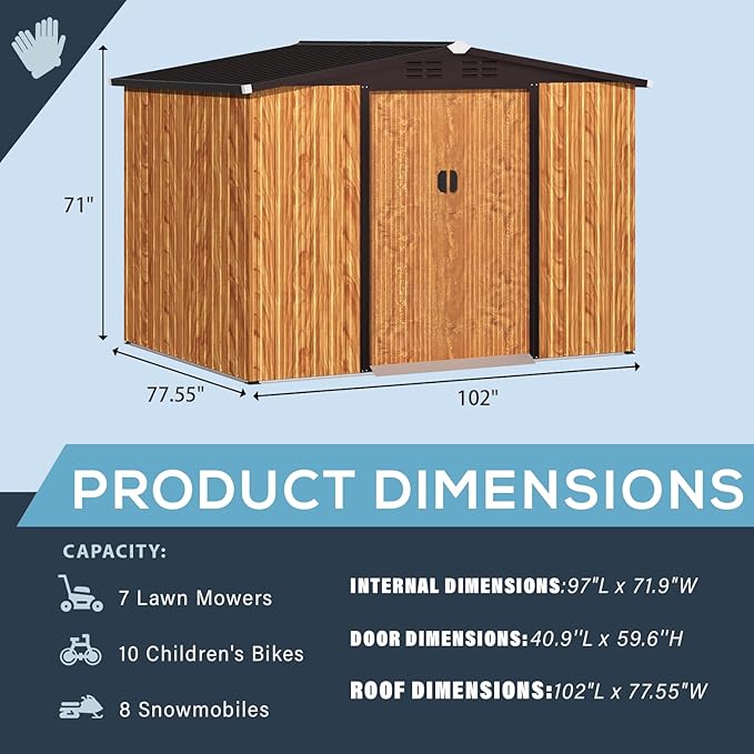 U-MAX Shed 8x6 Woodgrain Outdoor Storage Shed, Metal Outside Storage Garden Sheds & Outdoor Storage with Sliding Doors, 6x8 Tool Shed Outdoor Cabinet for Backyard Lawn and Outside Use