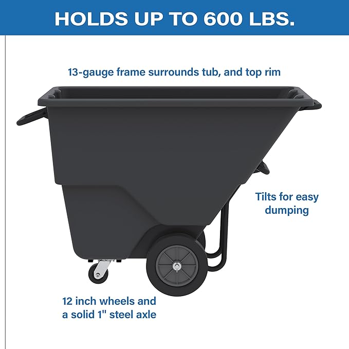 Akro-Mils 77405BLACK Akro-Tilt Heavy-Duty 0.5 Cubic Yard Plastic Truck Utility Cart, Loads up to 600 lbs., 100 Gallon Capacity, Black