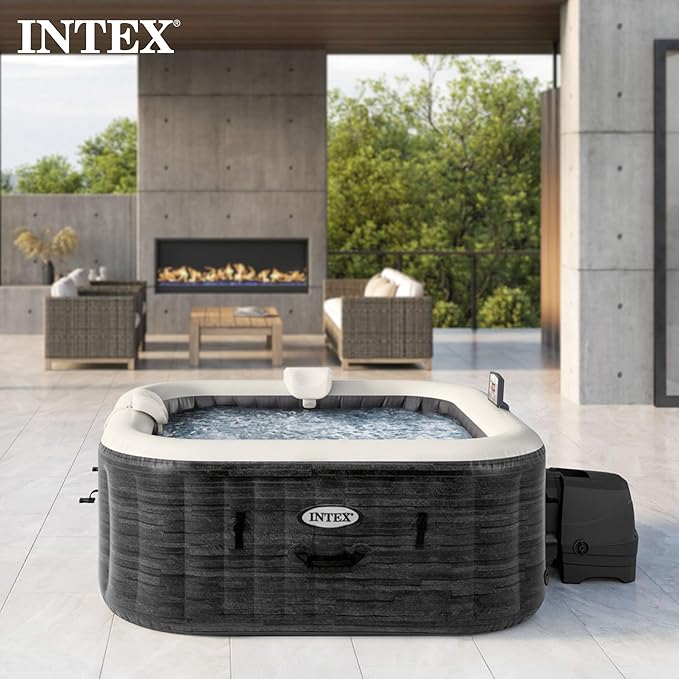 INTEX 28449EH PureSpa Greystone Deluxe Spa Set: Includes Energy Efficient Spa Cover - 140 Bubble Jets - Square Design - 4 Person Capacity - 69" x 28"