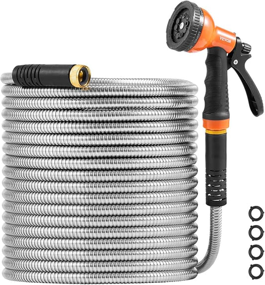 VEVOR Garden Hose Metal 150 ft, Rust Proof Stainless Steel Water Hose, Heavy Duty Backyard Hose with 10 Function Nozzle, No-Kink & Flexible Water Pipe, Lightweight Metal Hose for Yard, Outdoor