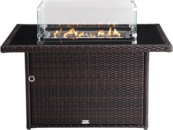 44 in. x 32 in. Rectangular Outdoor Brown Wicker Aluminum Propane Fire Pit Table in Tempered Glass w/Fire Glass, Add Warmth and Ambience to Gatherings and Parties On Patio Deck Garden