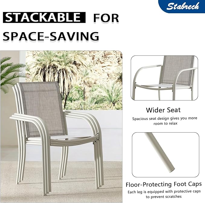 5 Pieces Patio Dining Set for 4, Grey Patio Stackable Chairs and Black Round Table Set of 4, Outdoor Furniture Set with Sling Support for Outside, Garden
