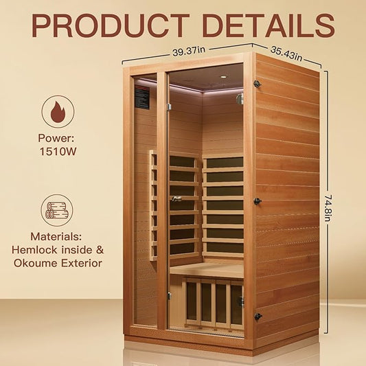 Luxury 1 Person Infrared Home Sauna with Low-EMF Heating Panel, LED Chromotherapy & Bluetooth Audio,Tempered Glass, 39.37 × 35.43 × 74.8 inch,1510W/120V